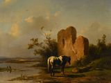 un tableau représentant un cheval au bord d'une rivière