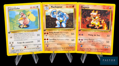 three pokemon cards are shown in a row on a black background