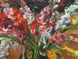 a painting of flowers in a vase on a table