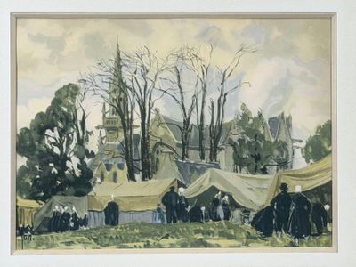 a painting of a group of people standing in front of tents