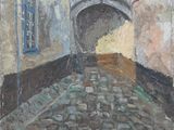 painting of a cobblestone street with a blue door and windows