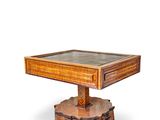 an image of a wooden table with a glass top on a white background