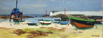 painting of boats on a beach with a blue sky in the background