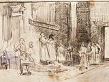 drawing of a group of people standing in a room with a fireplace