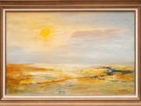 une peinture à l'huile représentant un champ jaune avec un chien au loin