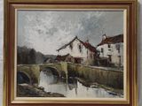 an oil painting of a bridge over a river with buildings in the background