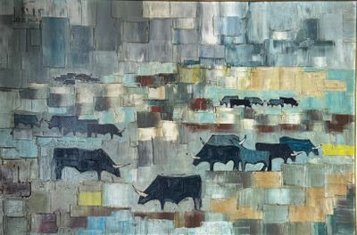 a painting of cows in a field with a sky background