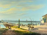 a painting of people and animals on the beach