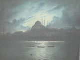 une image représentant un tableau où l'on voit un bateau sur un plan d'eau, avec un bâtiment en arrière-plan