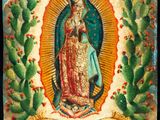 a painting of the virgin of guadalupe with a halo above her head