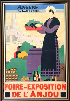 an image of a woman holding a tray of fruit in front of a building
