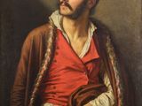 a painting of a man with a beard and a red shirt