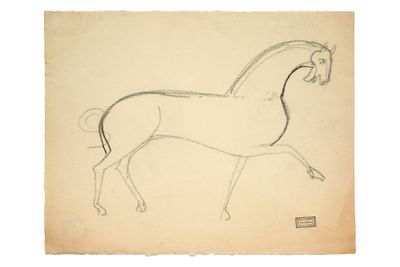 On voit un vieux dessin représentant un cheval sur une feuille de papier