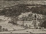 une image représentant un dessin d'un paysage enneigé avec une maison au loin