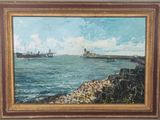 tableau représentant une vue d'un port avec un navire au loin