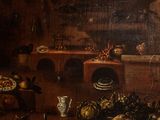 a painting of a kitchen with a lot of food on the table