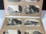 an old black and white photo of a book with pictures of buildings