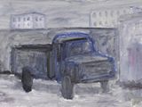 une peinture représentant un camion dans la neige