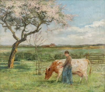 tableau représentant une femme en train de traire une vache dans un champ, avec un arbre en arrière-plan
