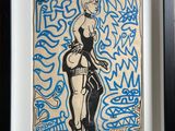 painting of a woman standing in front of a wall with graffiti on it