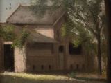tableau représentant une vieille grange avec un arbre au premier plan