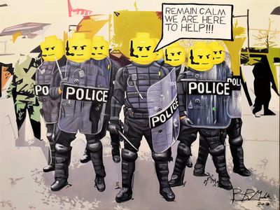 painting of a group of people in police uniforms with a sign