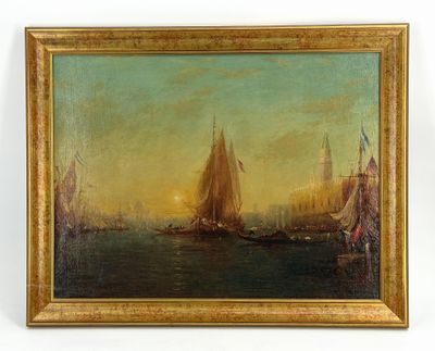 a painting of a sailboat in a harbor at sunset