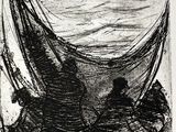 an image of a black and white drawing of two people in a boat