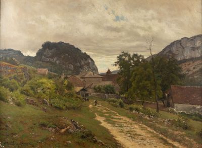 a painting of a dirt road in the middle of a field