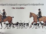 un dessin représentant un homme à cheval, accompagné d'une meute de chiens