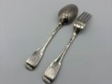 two forks and spoons sitting on a table with a white background