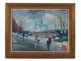 painting of people with umbrellas walking down the street in front of a church