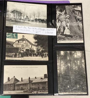 plusieurs vieilles photos en noir et blanc représentant des personnes et des bâtiments, conservées dans un vieil album photo