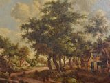 painting of a country road with a house and cows in the foreground