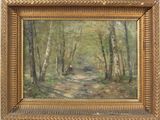 une peinture à l'huile représentant un sentier dans les bois, bordé d'arbres