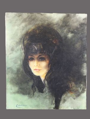 an image of a painting of a woman with long black hair