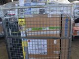 a man standing next to a cart with boxes on it