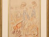 framed watercolor painting of a woman and child with a dog in a field