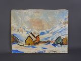 une peinture à l'huile représentant un petit village sous la neige