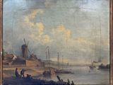 peinture représentant un paysage avec un moulin à vent et des bateaux sur l'eau