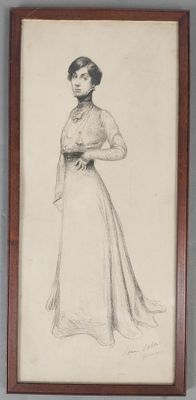 dessin représentant une femme en robe longue, dans un cadre en bois