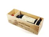 a wooden box with a bottle of wine inside of it