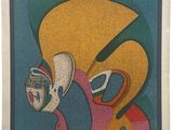 tableau représentant une femme portant un masque, dans un cadre bleu
