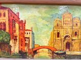 a painting on the wall of a building with a bridge