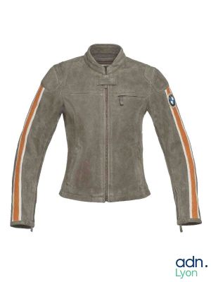 women ' s leather jacket with orange and white stripes on the sleeves