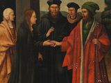 un tableau représentant un groupe de personnes debout autour d'un homme vêtu d'une robe rouge