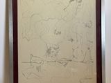 framed drawing of a group of cats and a dog in a wood frame
