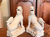 pair of white foo foo foo statues on a table in front of a wooden door