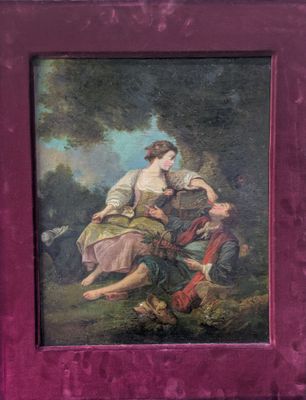 painting of a woman and a man in a landscape with a dog