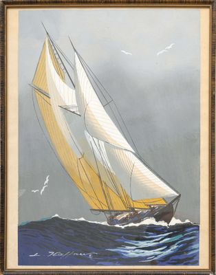 une peinture à l'huile représentant un voilier naviguant sur l'océan